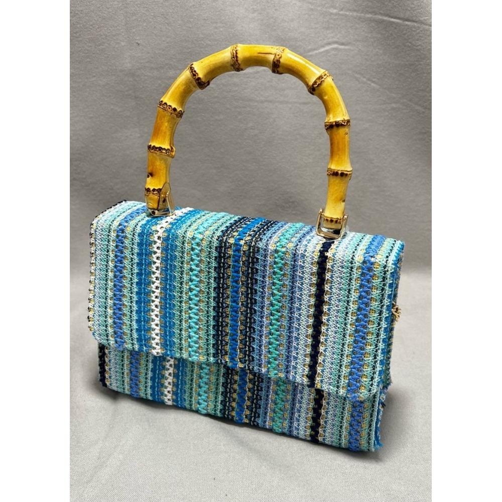 Haute Hippie Crochet Striped Blue Green Handbag Bamboo Handle Crossbody Boho